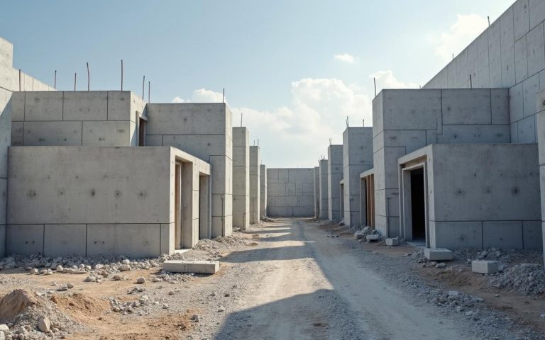 Chantier de construction avec murs en parpaing et fondations en cours de réalisation.