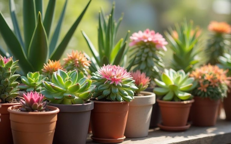 Jardin avec des plantes grasses variées à moins de 10 euros, illustrant leur beauté et rusticité.