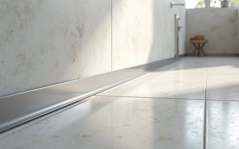 Baguette de finition en aluminium posée dans une salle de bain moderne avec carrelage.