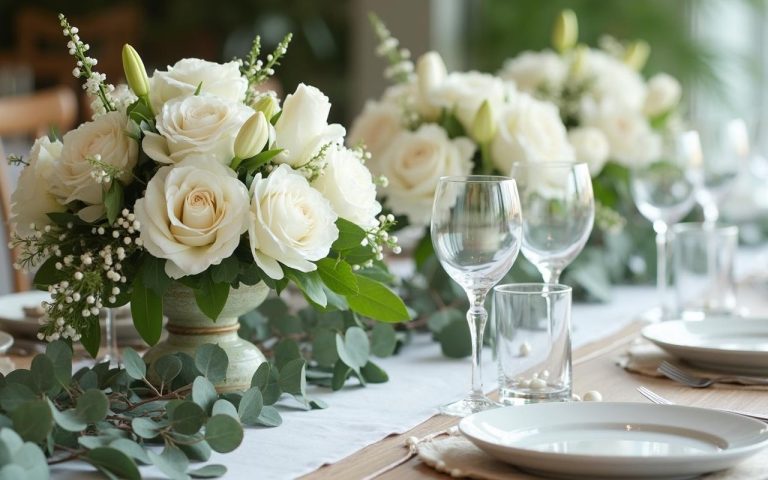 Décoration de table de mariage avec des fleurs blanches élégantes et des accessoires raffinés.