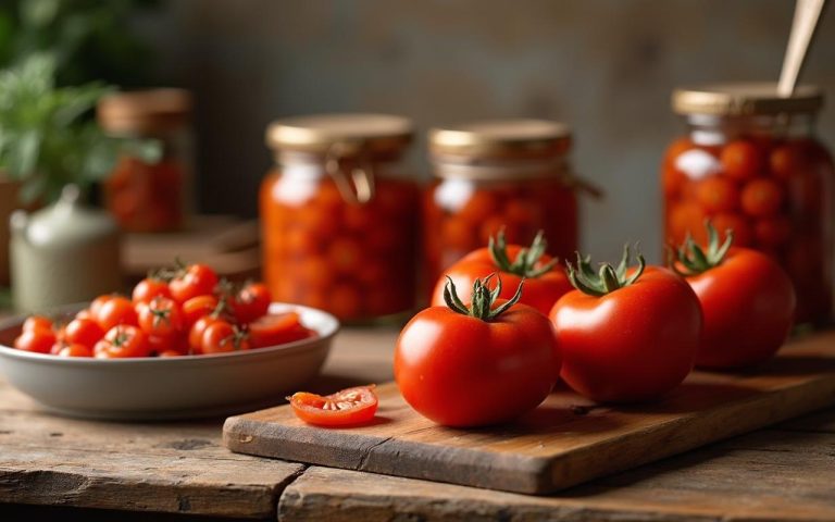 Cuisine avec tomates fraîches et bocaux de conserves, mettant en avant la transformation culinaire.