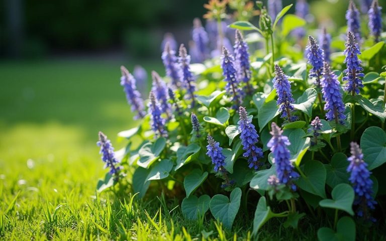 Jardin avec lierre terrestre en fleurs bleu-violet et gazon bien entretenu.