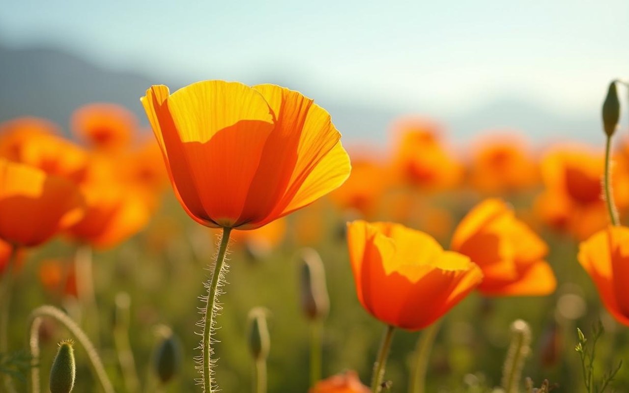 Champ de pavots de Californie en fleur sous le soleil, mettant en valeur leur couleur orange éclatante.