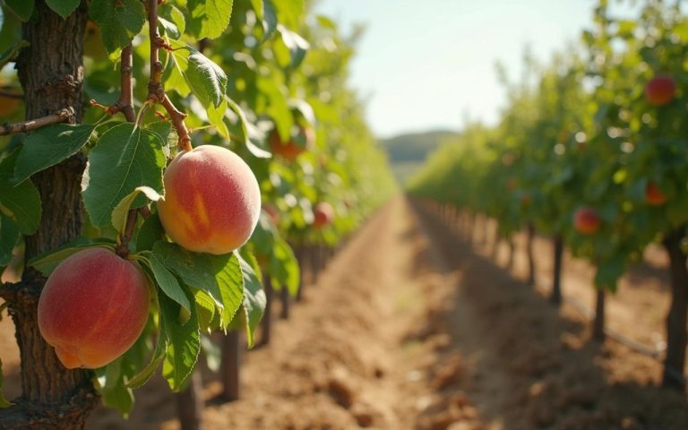 Pêcher de vigne en fleur dans un vignoble, illustrant les conditions de culture optimales.