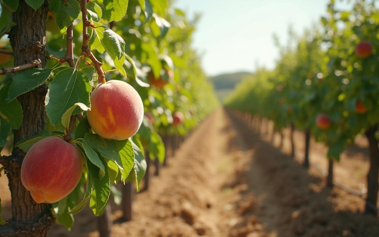 Pêcher de vigne en fleur dans un vignoble, illustrant les conditions de culture optimales.