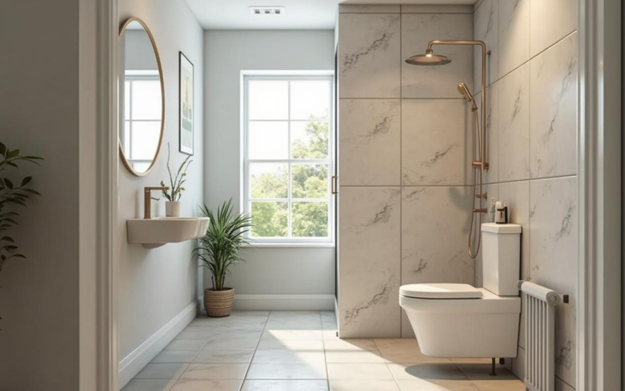Espace de toilettes optimisé avec cuvette, lavabo et rangements pour un confort accru.