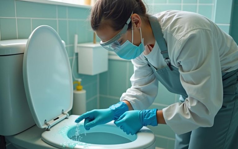 Nettoyage de toilettes avec acide chlorhydrique, équipements de protection visibles.