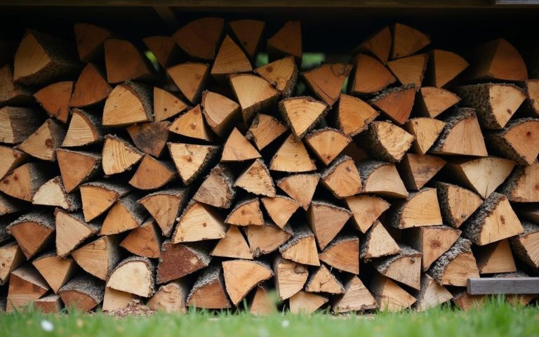Tas de bois de chauffage de différentes essences, représentant un stère, dans un cadre naturel.