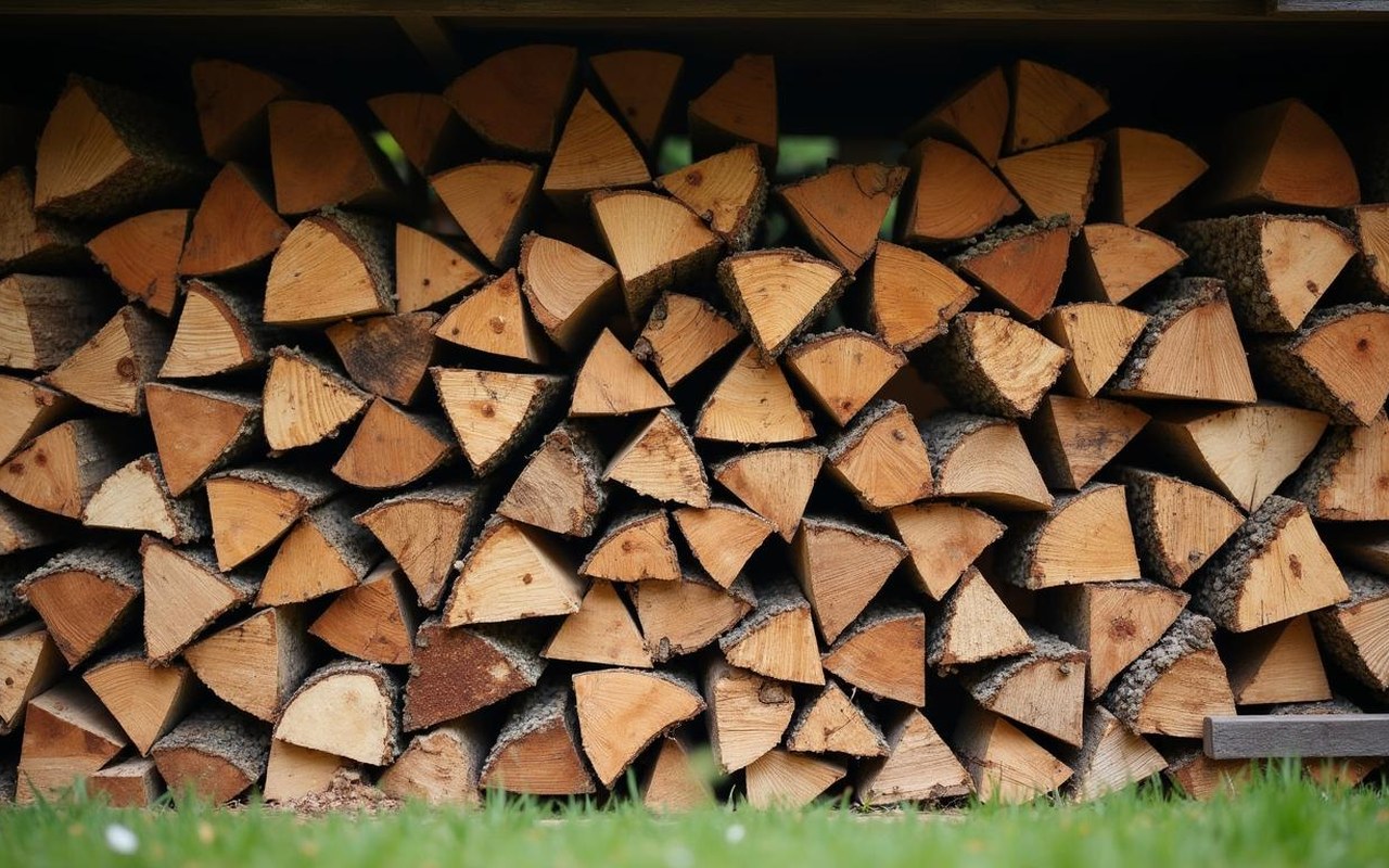 Tas de bois de chauffage de différentes essences, représentant un stère, dans un cadre naturel.