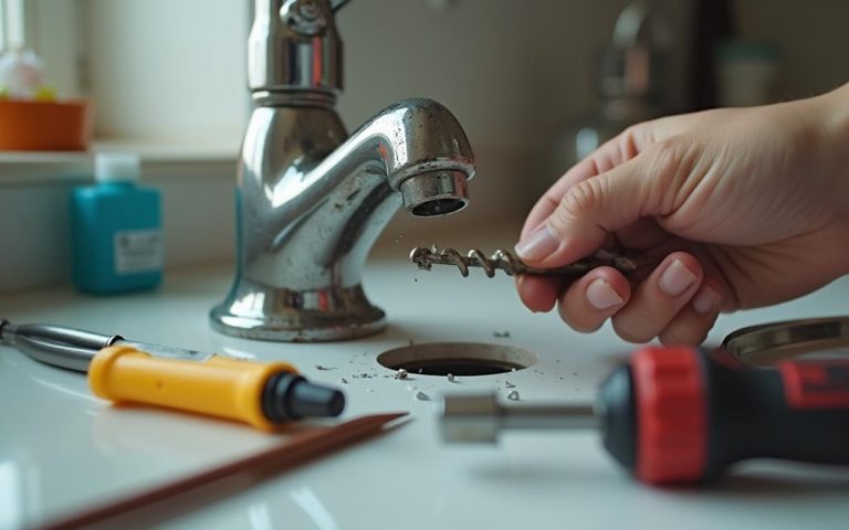 Réparation d'un robinet autoperceur avec outils de plomberie visibles.