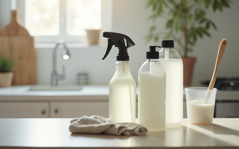Produits de nettoyage naturels comme le vinaigre blanc et le bicarbonate de soude sur un plan de travail.