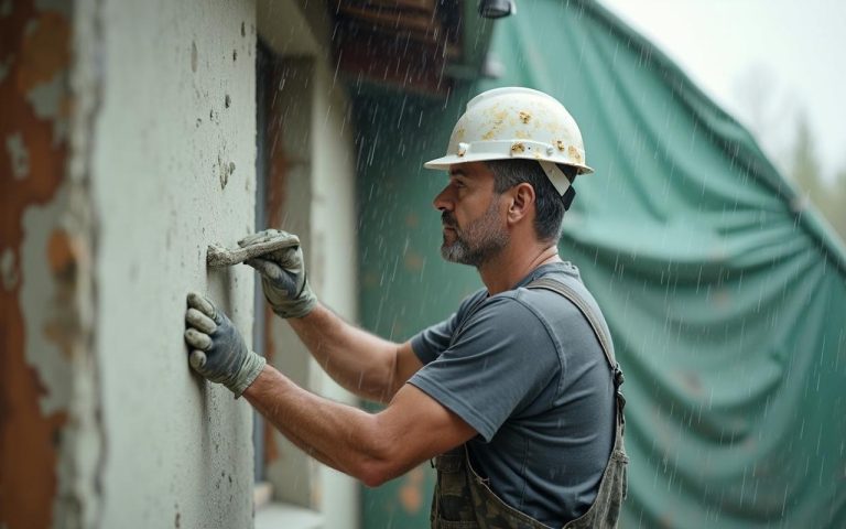 Artisan appliquant un enduit sur un mur sous la pluie, avec protections.