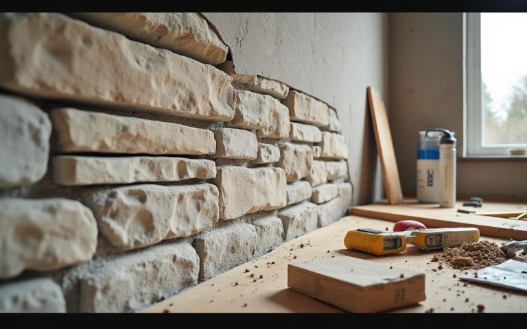 Installation de feuille de pierre sur un mur, illustrant les défis techniques.
