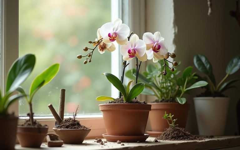 Orchidée avec fleurs fanées près d'une fenêtre, prête pour des soins de jardinage.