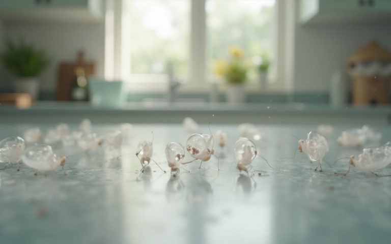 Petites bêtes blanches transparentes sur un plan de travail humide dans une cuisine.