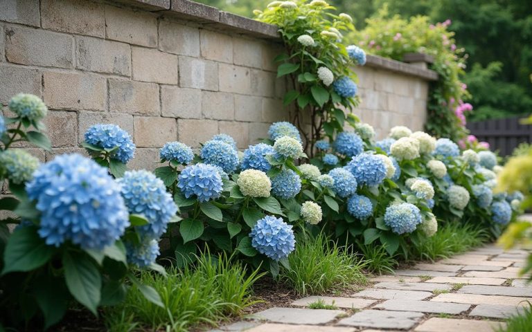 Hortensias plantés à différentes distances d'un mur pour une floraison optimale.