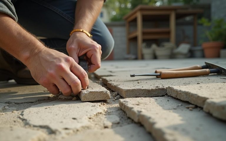 Artisan retirant des joints usés d'une terrasse en pierre.