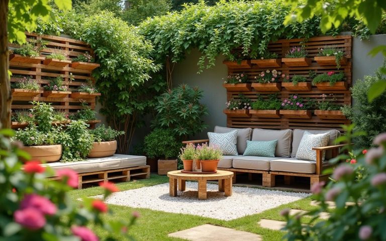 Jardin avec jardinière verticale et salon en palette, décoré de fleurs et verdure.