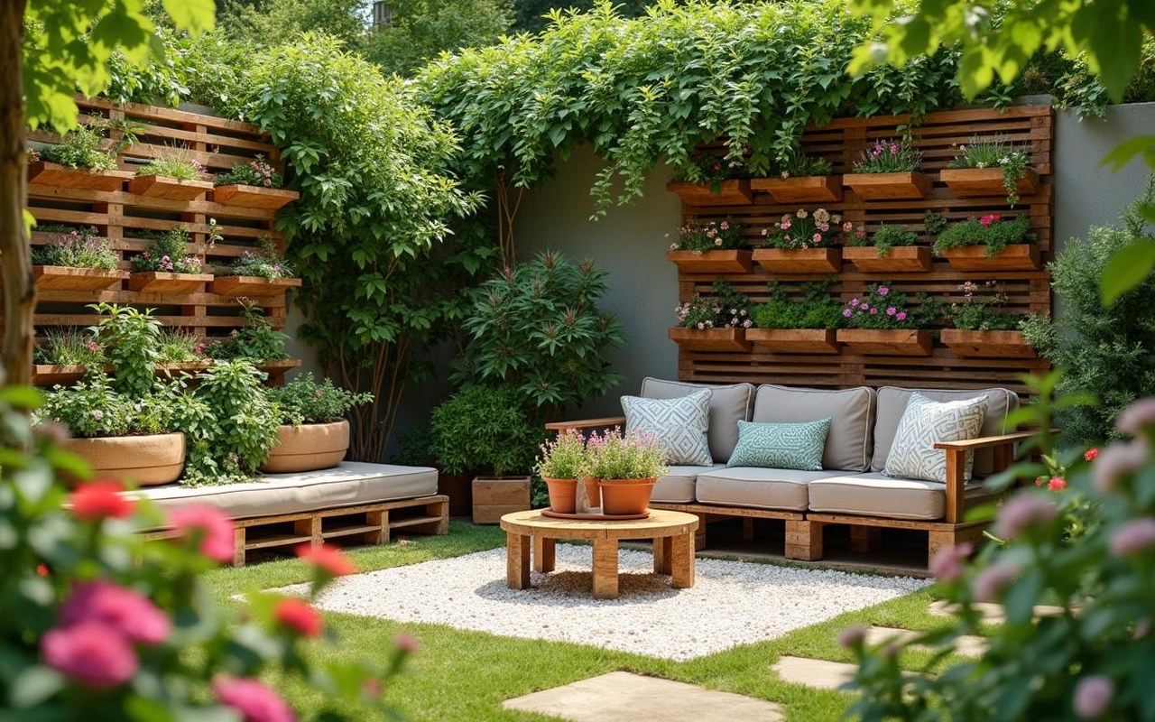 Jardin avec jardinière verticale et salon en palette, décoré de fleurs et verdure.