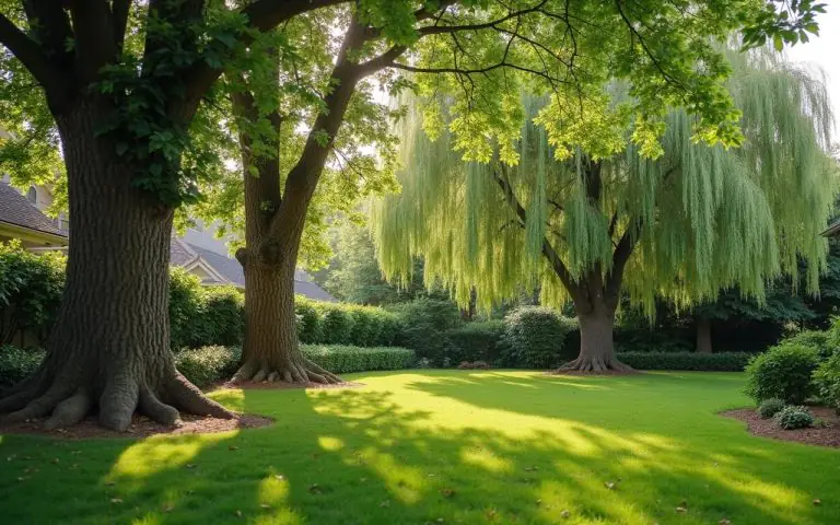 Jardin avec des arbres problématiques près d'une maison, montrant des racines envahissantes.