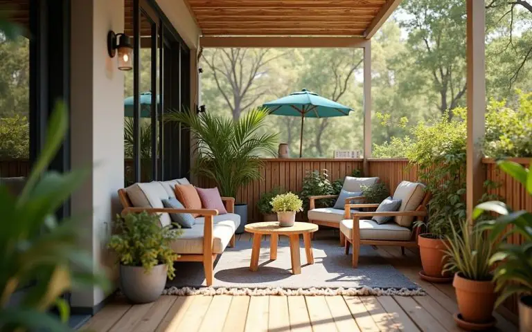 Balcon de 2m² aménagé avec mobilier compact et plantes, ambiance chaleureuse.