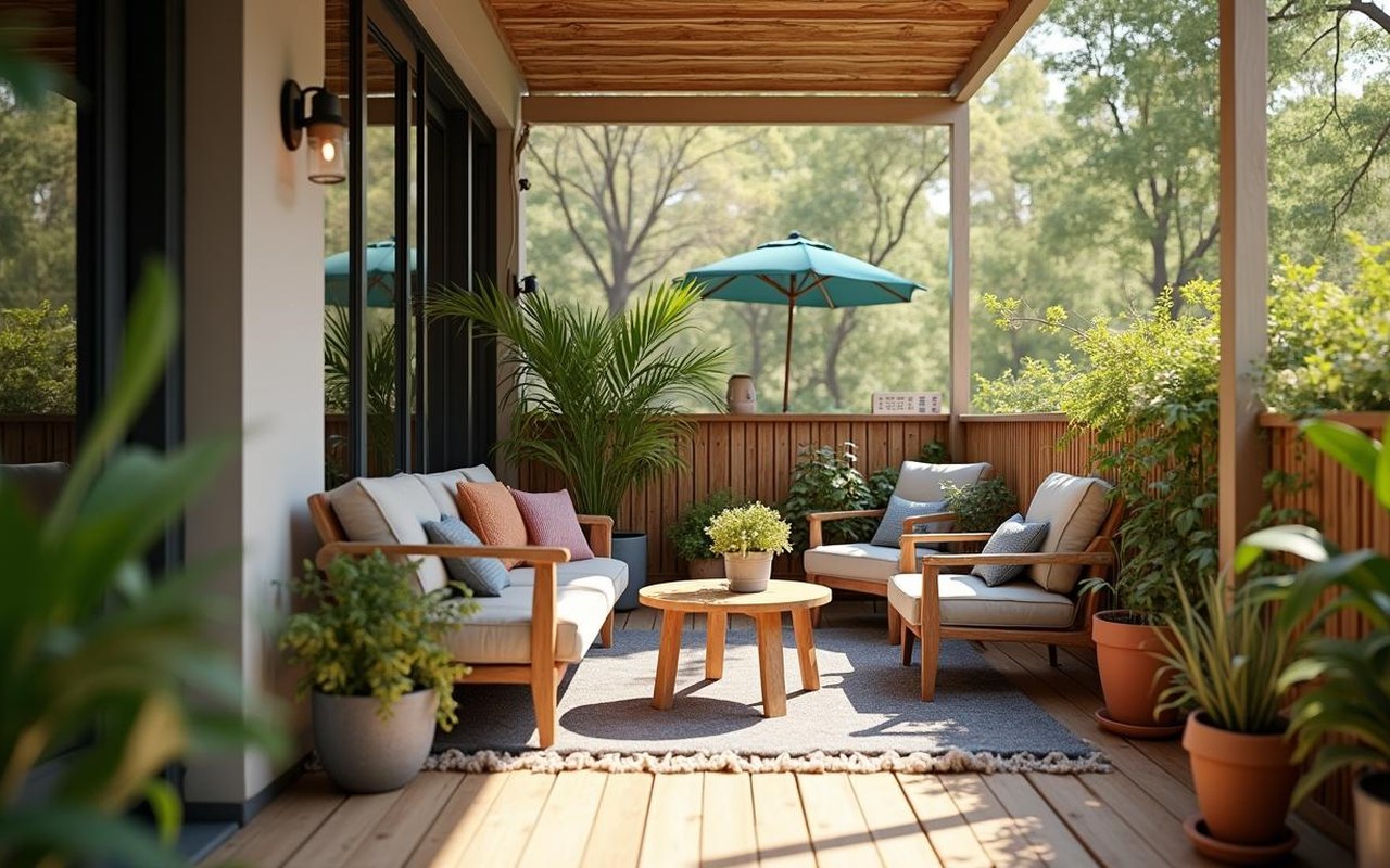 Balcon de 2m² aménagé avec mobilier compact et plantes, ambiance chaleureuse.