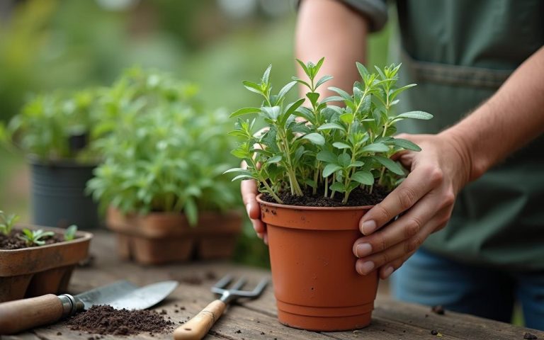 Un jardinier bouturant des tiges de sauge dans un pot avec des outils de jardinage.