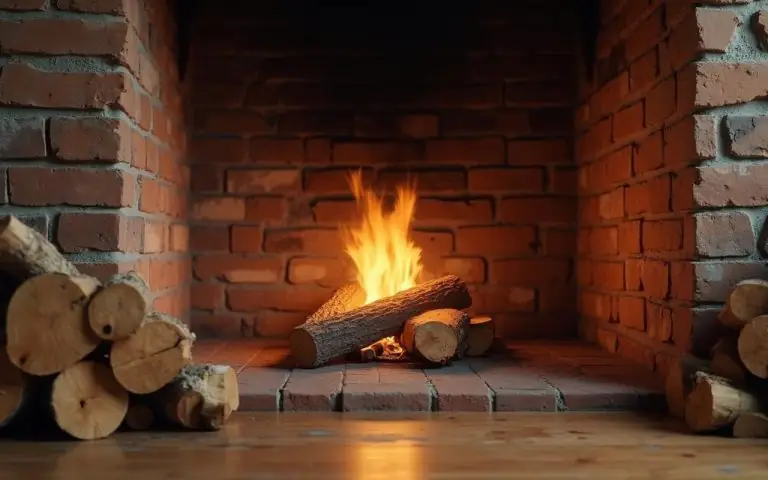 Foyer avec du bois de laurier en combustion, alternatives de chauffage visibles.