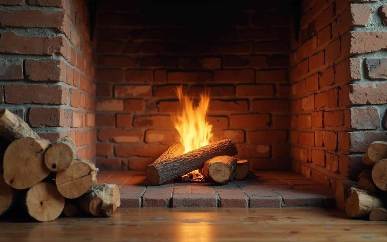 Foyer avec du bois de laurier en combustion, alternatives de chauffage visibles.