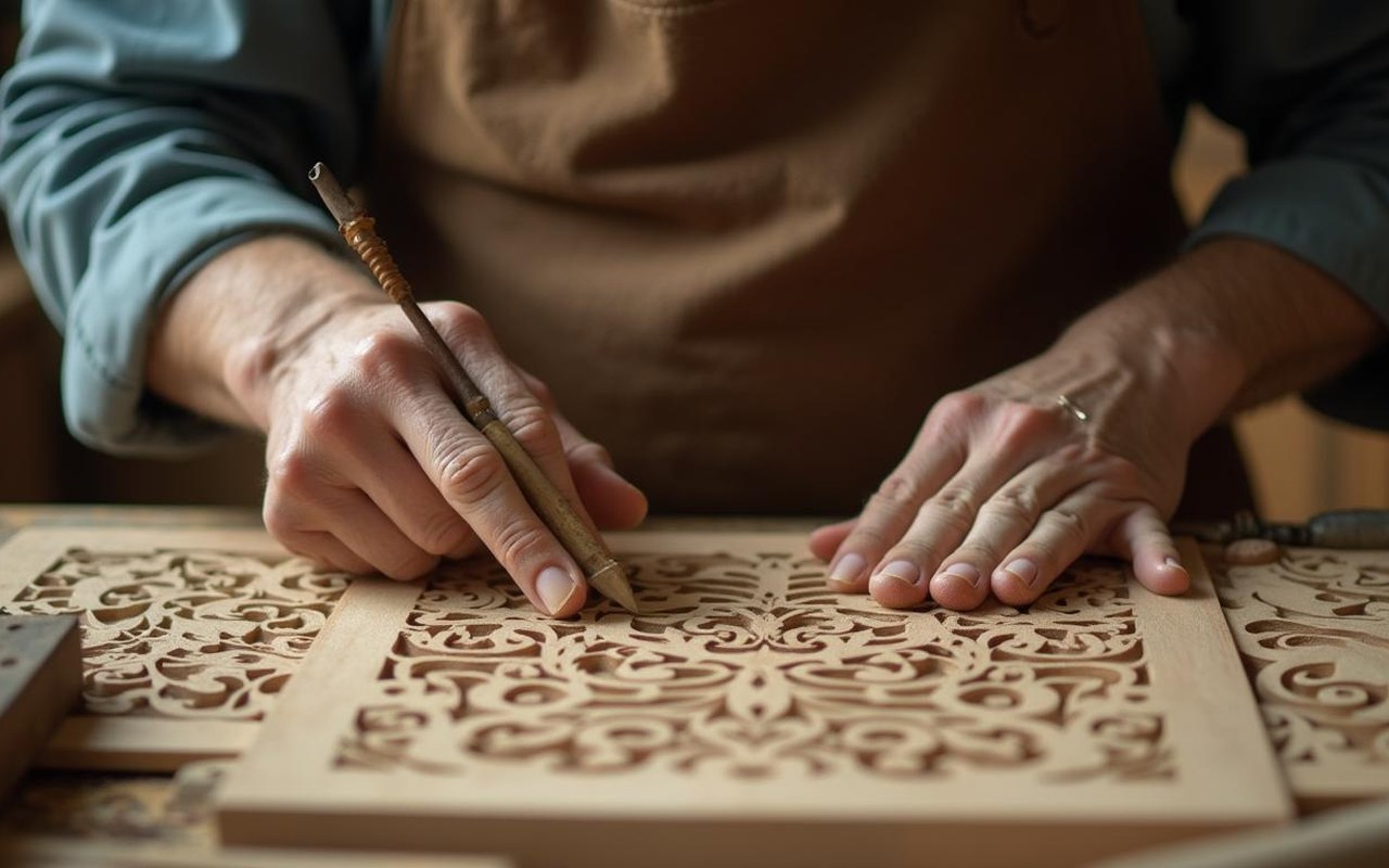 Artisan réalisant du chantournage sur une pièce de bois avec des motifs complexes.
