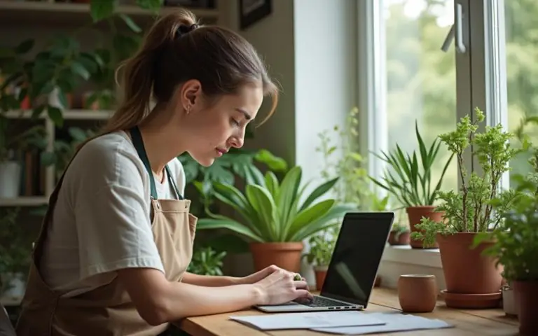 Un jardinier choisissant des plantes en ligne sur un ordinateur portable dans un cadre verdoyant.