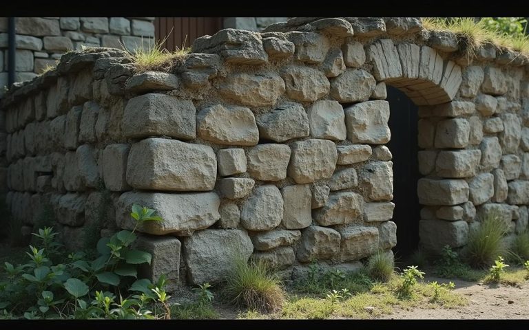Mur en pierre ancien avec fissures et légère inclinaison, signes d'instabilité.