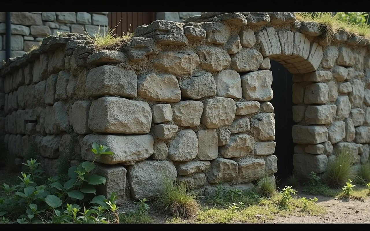 Mur en pierre ancien avec fissures et légère inclinaison, signes d'instabilité.