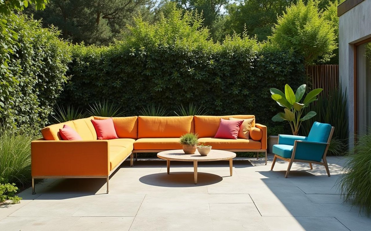 Salon de jardin Fermob coloré dans un jardin moderne, mettant en avant le design contemporain.