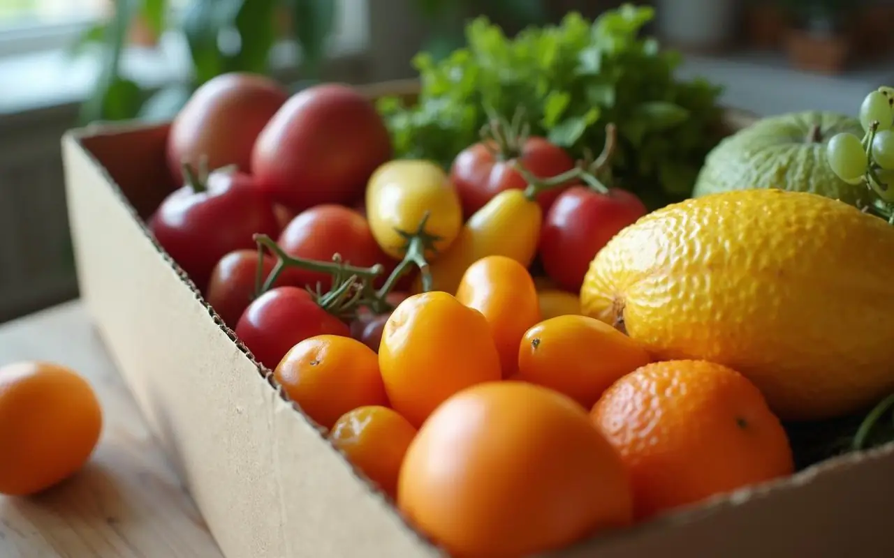 Livraison de fruits frais à domicile avec des produits colorés et bien emballés.