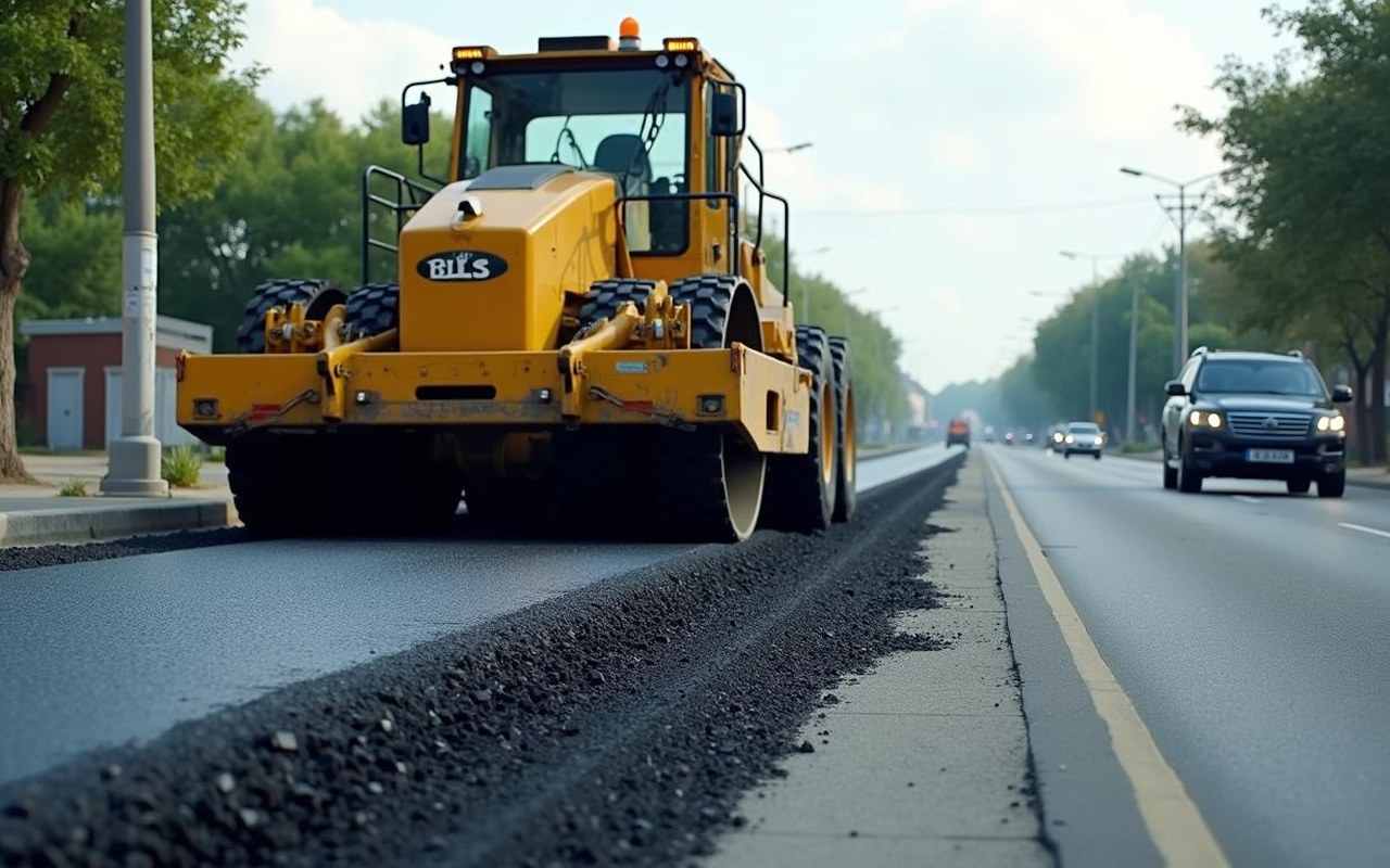 Chantier de grattage de route avec machine en action sur une chaussée urbaine.