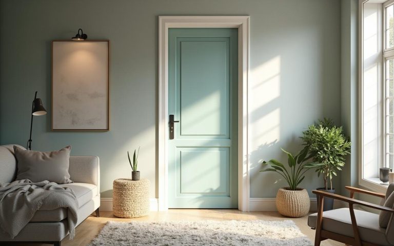 Porte vitrée relookée avec peinture moderne dans un intérieur stylé.