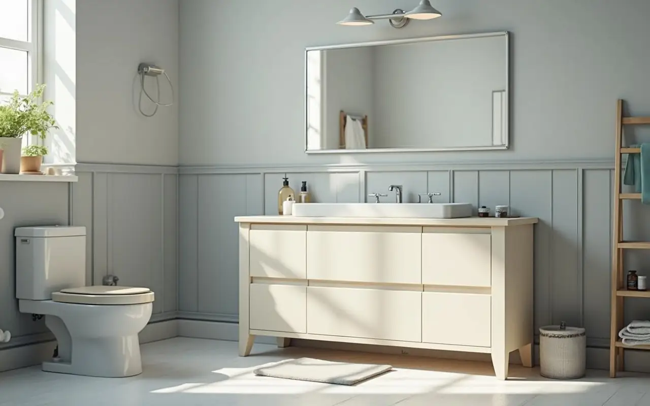 Meuble de salle de bain IKEA en cours de peinture avec outils autour.