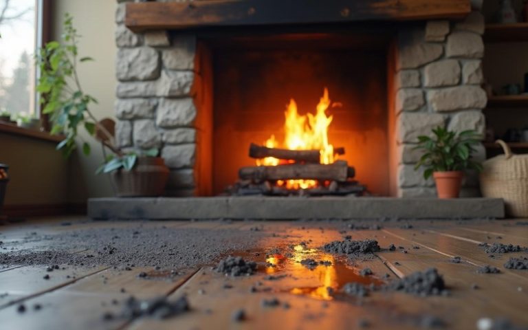 Résidus de suie dans un intérieur après ramonage, mettant en avant le nettoyage et la prévention.