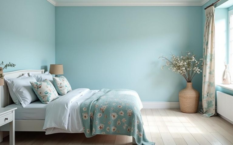 Chambre lumineuse en bleu ciel avec décoration florale et parquet en bois clair.