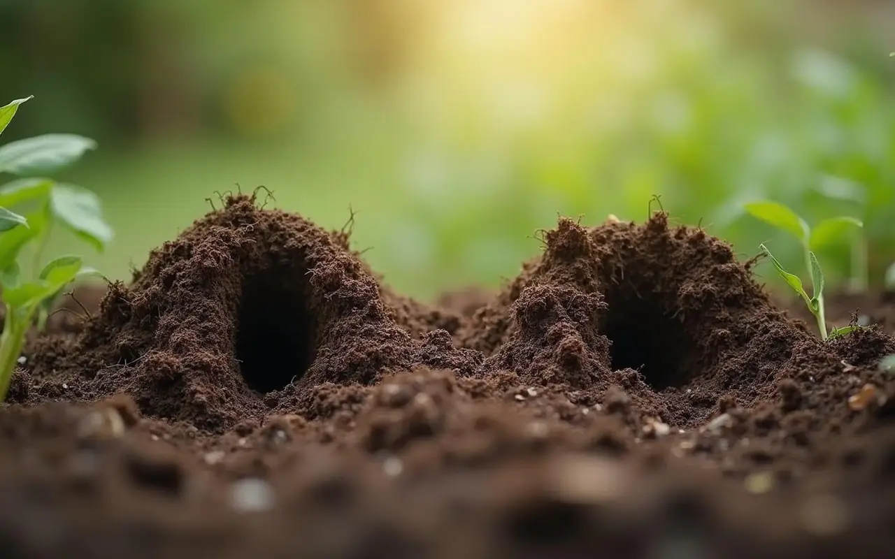 Dégâts de taupes et mulots dans un jardin, montrant monticules et petits trous.