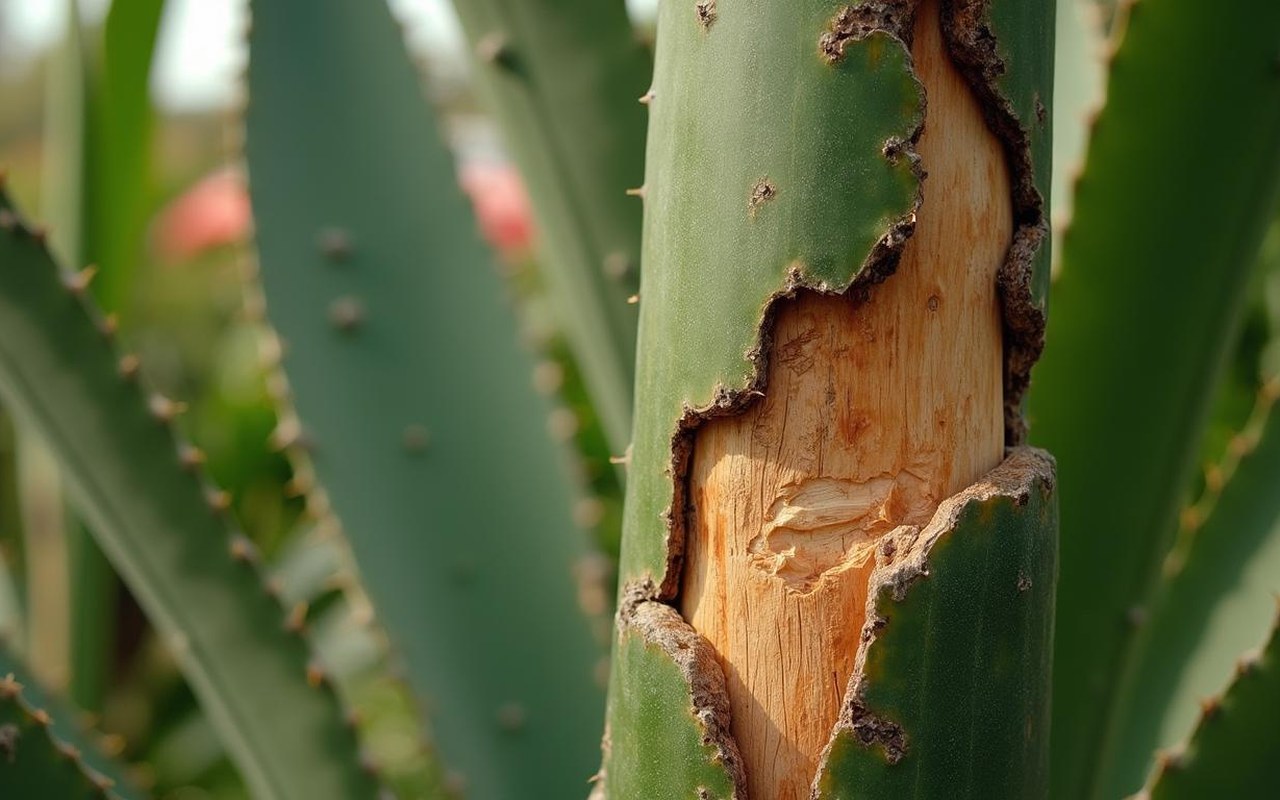Yucca avec tronc pourri coupé, montrant une partie saine dans un jardin.