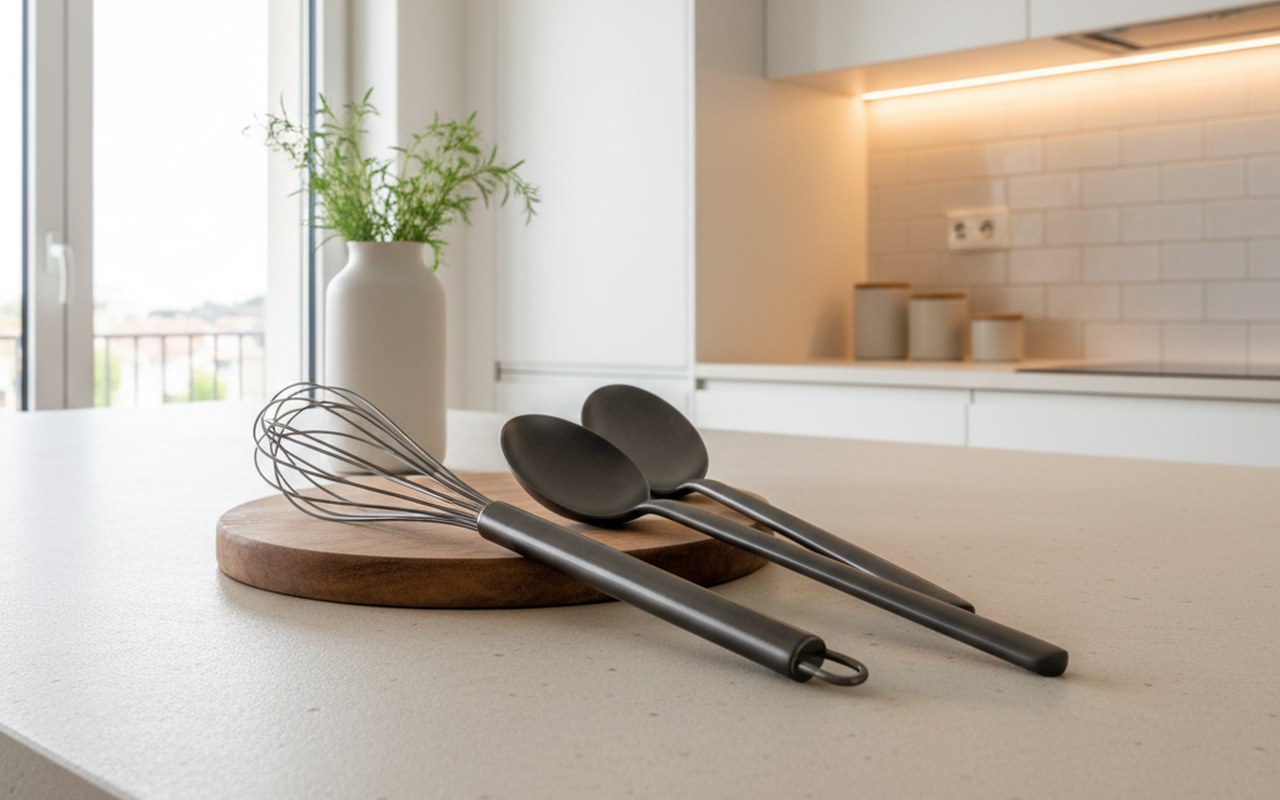 Plan de travail en céramique dans une cuisine moderne, mettant en avant sa texture et son esthétique.