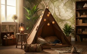 Chambre d'enfant sur le thème de l'aventure avec décoration inspirante et fonctionnelle.