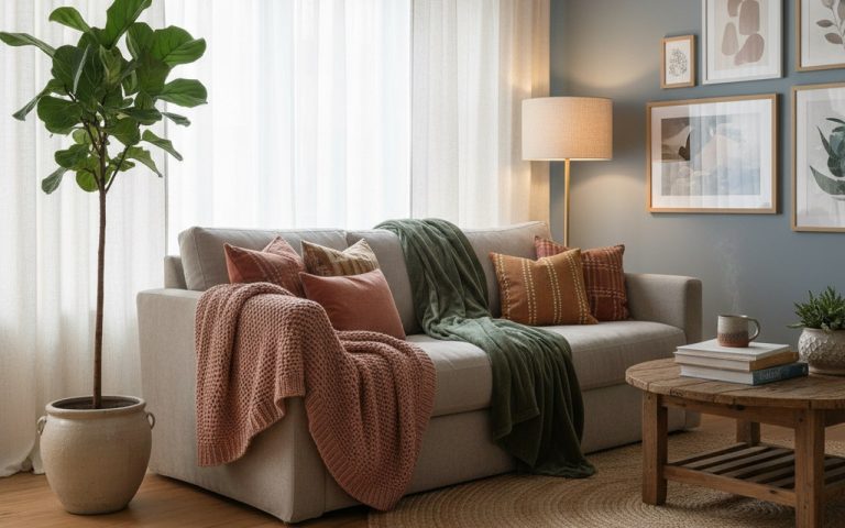 Intérieur cosy avec canapé confortable et textiles variés, rideaux modulant la lumière.