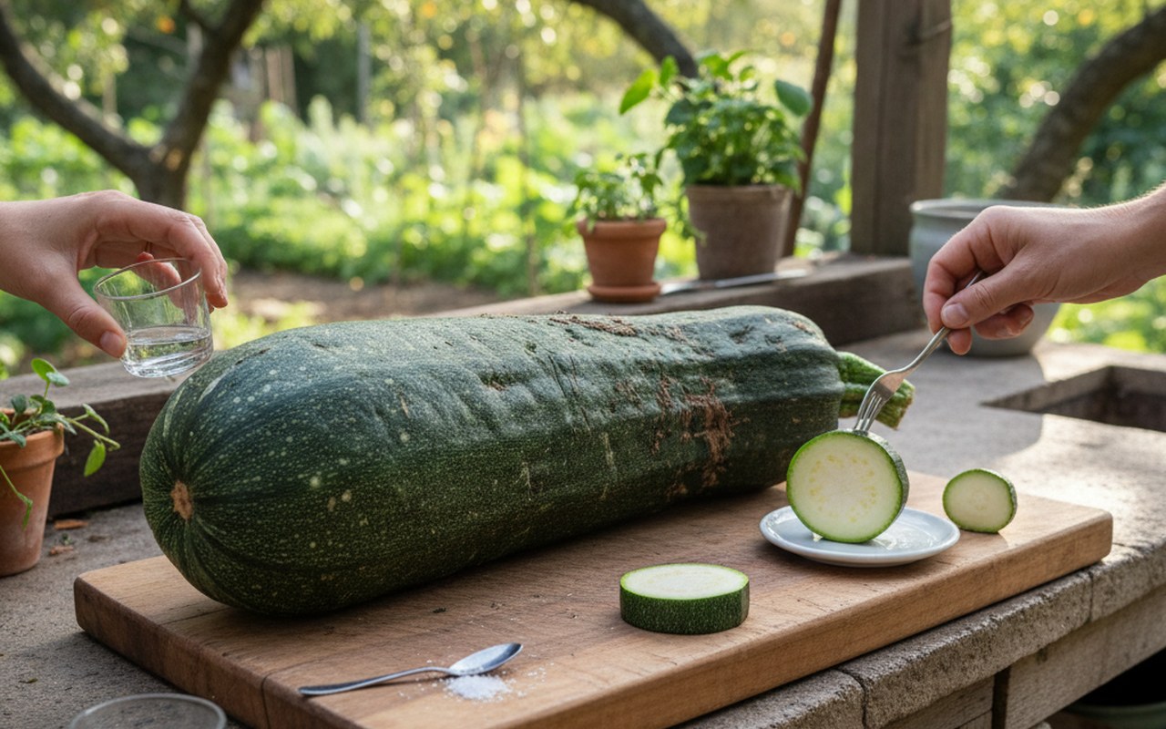 Test de goût d'une courgette géante pour vérifier l'amertume.