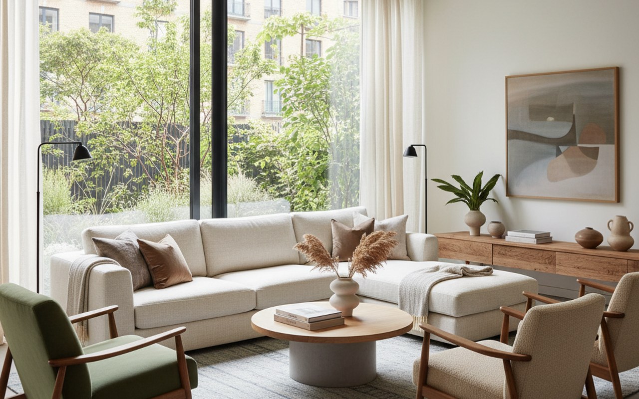 Salon moderne avec mobilier fonctionnel, textiles variés et lumière naturelle