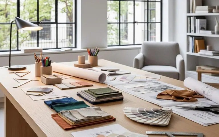 Espace de travail moderne pour la décoration d'intérieur avec échantillons et outils de design.
