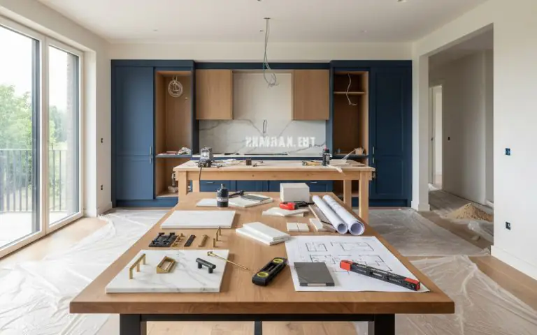 Intérieur d'une cuisine moderne en rénovation avec outils et plans.