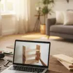 Apprenant suivant une formation de bricolage en ligne avec des outils autour de lui.